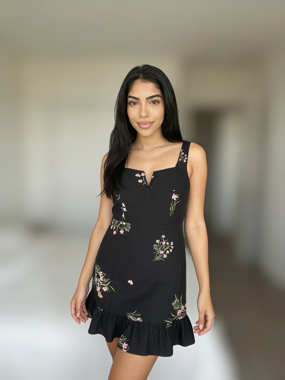 Black Floral Ruffle-Hem Mini Dress